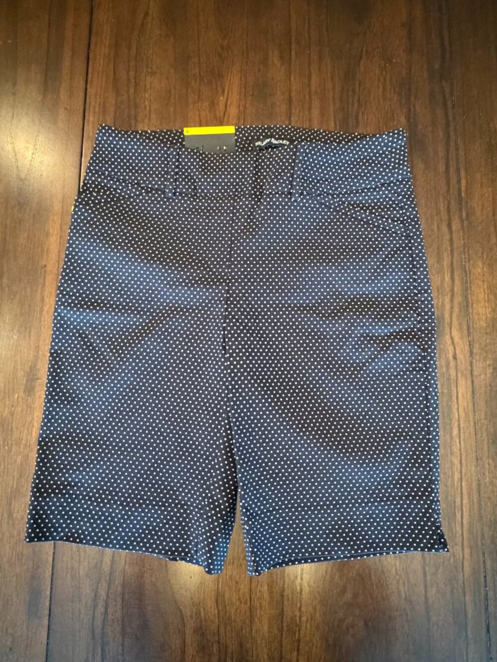 NWT Hilary Radley Navy White Polka Dot Stretch Bermuda Shorts, Size Small